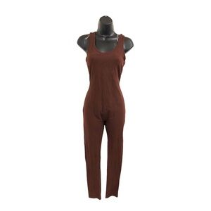 Chocolate brown nude round neck plunge back full‎ length catsuit jumpsuit size M
